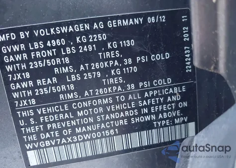 2013 Volkswagen Tiguan Se из США, поврежденный, VIN WVGBV7AX3DW001561
